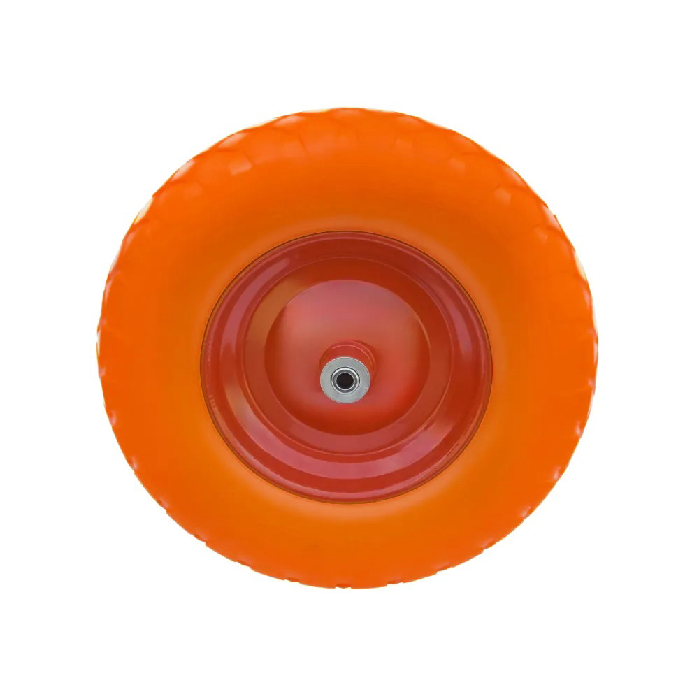 PU 3007-12 - Колесо для тачки / тележки полиуретановое бескамерное 4.80/4.00-8, сварной диск, диаметр 390 мм, ось 12 мм, металлический обод, симметричная ступица, шариковый подшипник